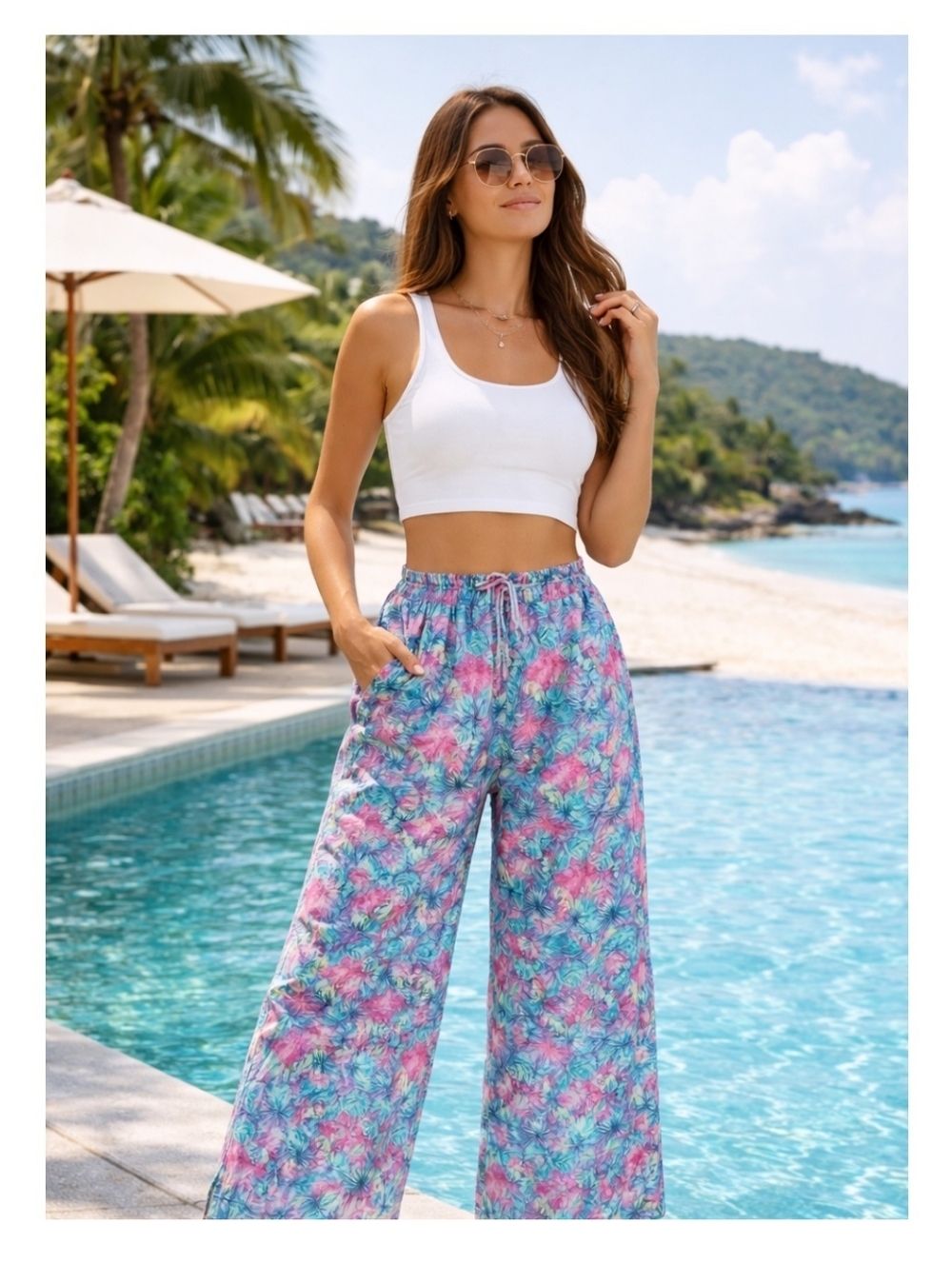 Margaritaville Large Pink Tropical Parrot Print Wide Leg Pull On Pants Palazzo